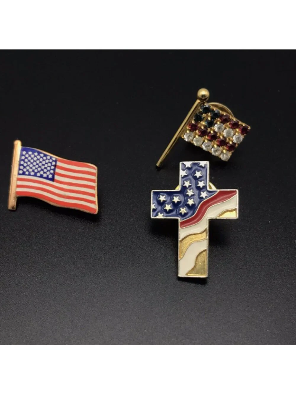 Vintage USA Flag Cross Patriotic Lapel Pin Tie Tack Lot Of 3 Rhinestones